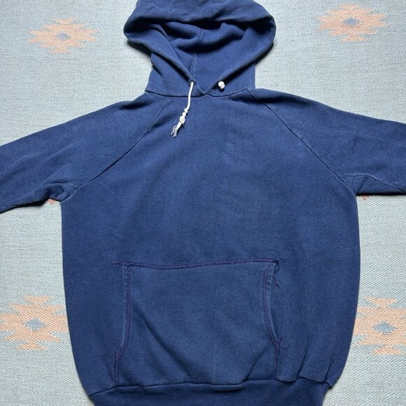 Vintage 70s pullover hoodie sweatshirt gussets navy blue Sears adult XL - Picture 2 of 10